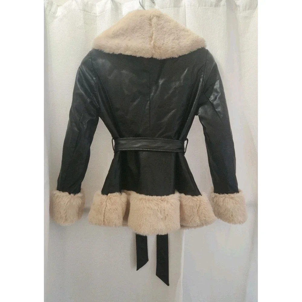 VTG Inspired Girls‎ Dark Brown Faux Fur & Faux  Leather Lined Belted Jacket Sz L